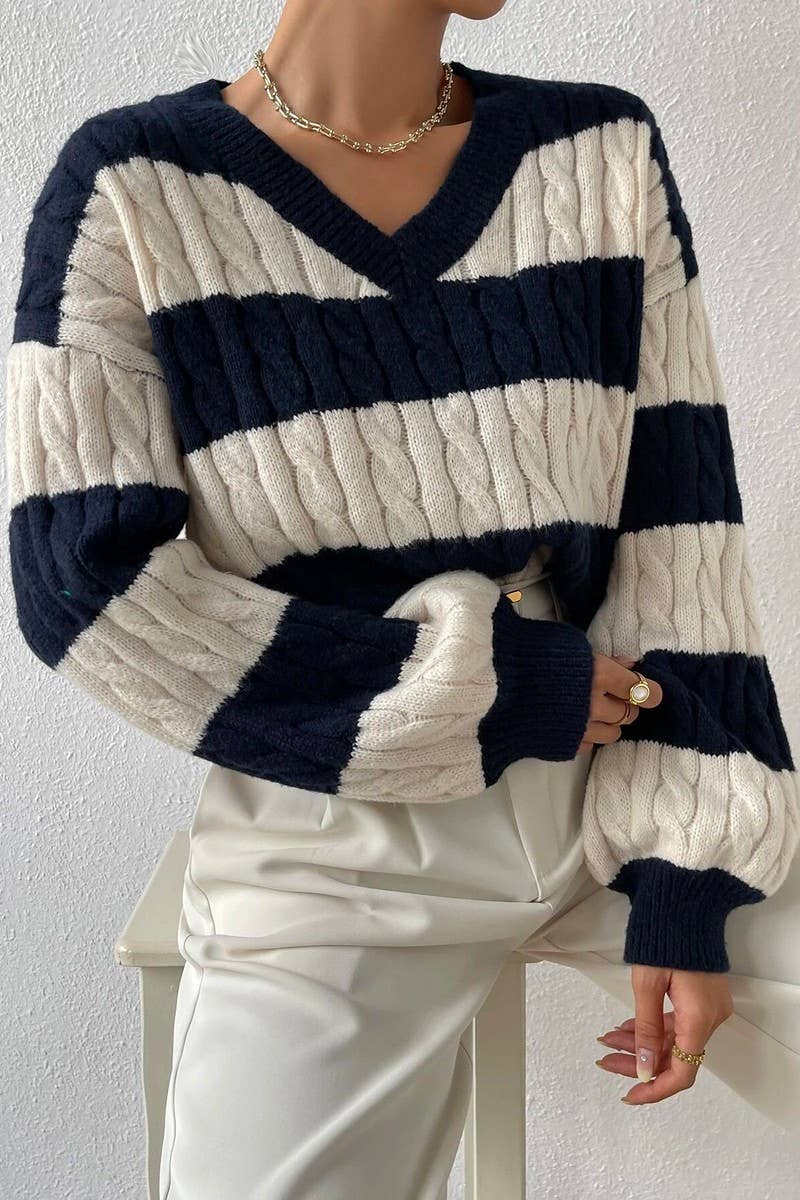 CWOSWL5736_V-NECK CABLE-KNIT CONTRAST STRIPED SWEATER