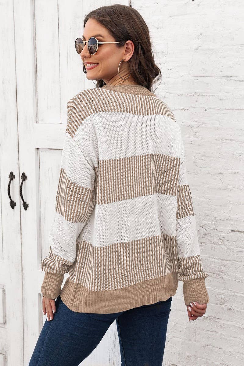 CWOSWL07341_WOMEN CASUAL COLOR BLOCK STRIPED KNIT SWEATER