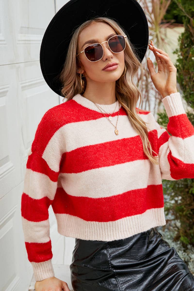 CWTSTL2704_AUTUMN AND WINTER SHORT ROUND NECK STRIPED TOP