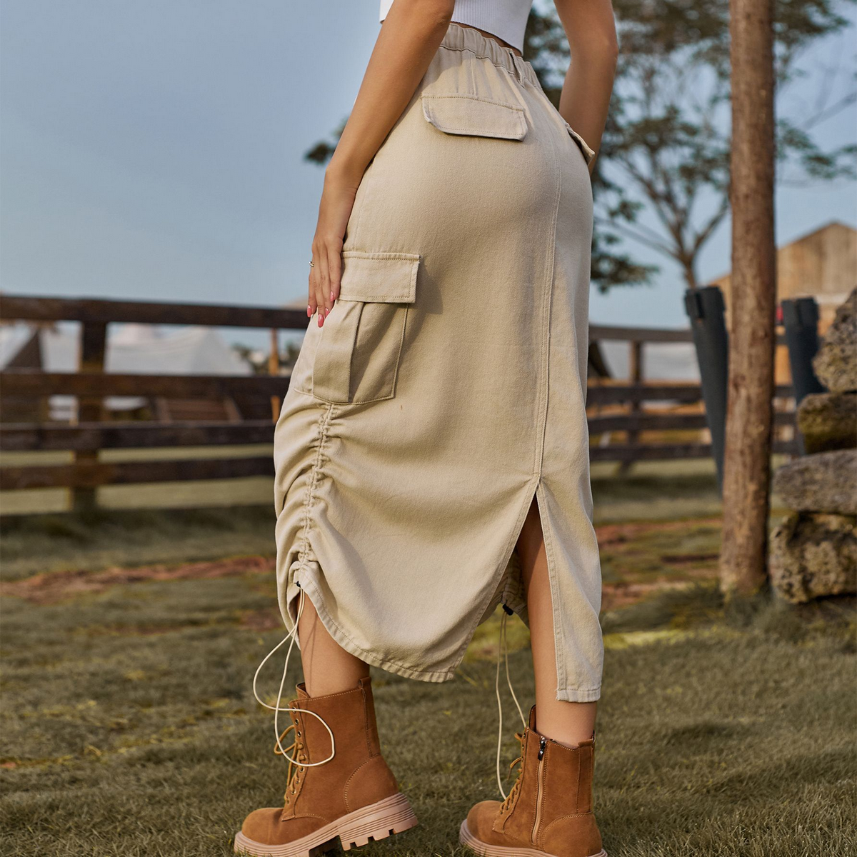 Women??¢s Cargo Midi Skirt Drawstring Elastic Waist_CWJSK0218