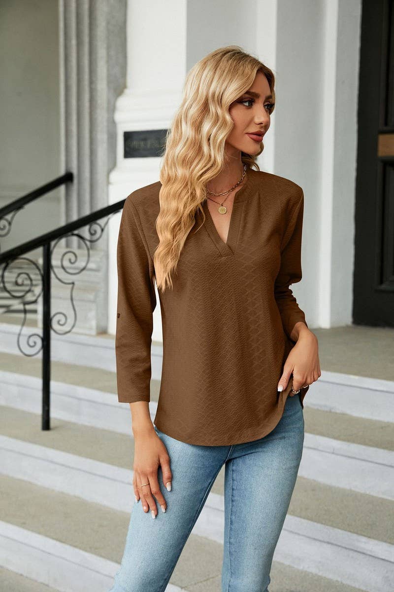 CWTBLL0884_V-NECK BUTTON-DOWN LONG-SLEEVED LOOSE TOP