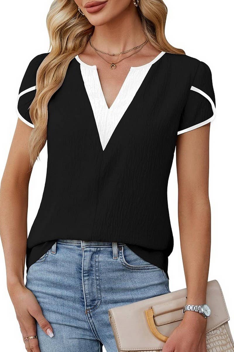 CWTBLS2260_COLORBLOCK V-NECK PETAL SLEEVE BLOUSE