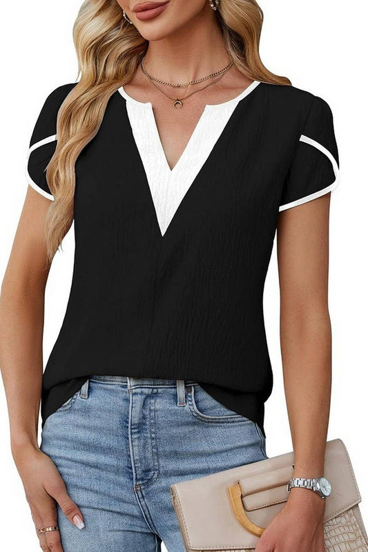 CWTBLS2260_COLORBLOCK V-NECK PETAL SLEEVE BLOUSE
