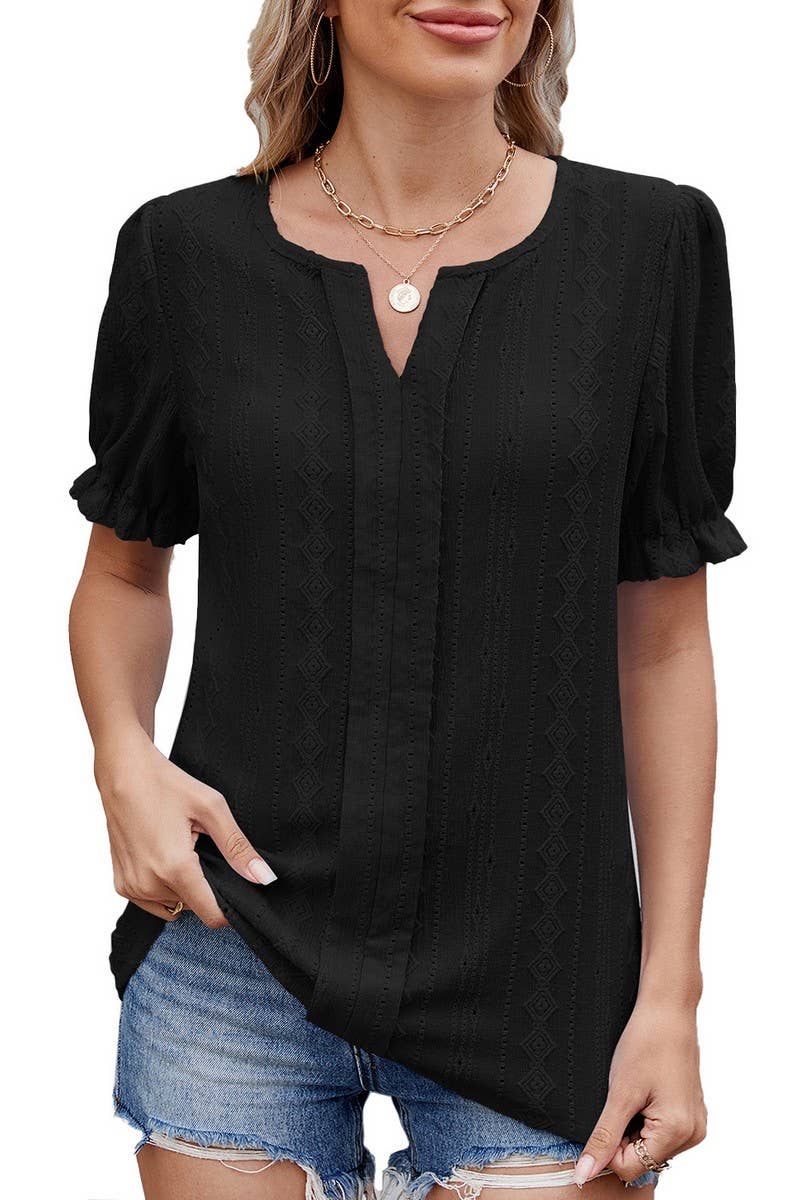 CWTBLS1727_SOLID COLOR V-NECK LOOSE PUFF SLEEVE JACQUARD TOP