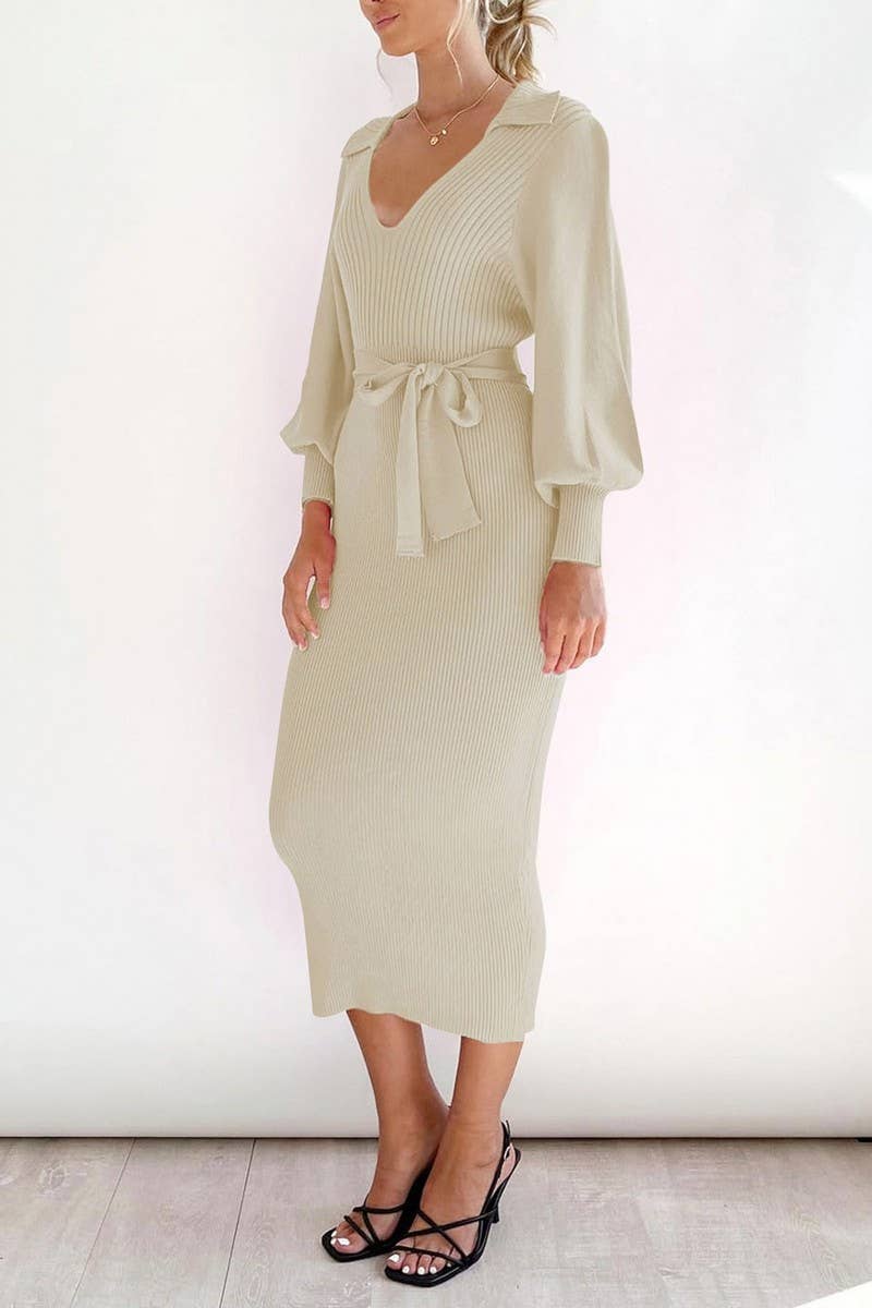 CWDMD01035_VINTAGE LANTERN SLEEVE V NECK KNIT SWEATER DRESS