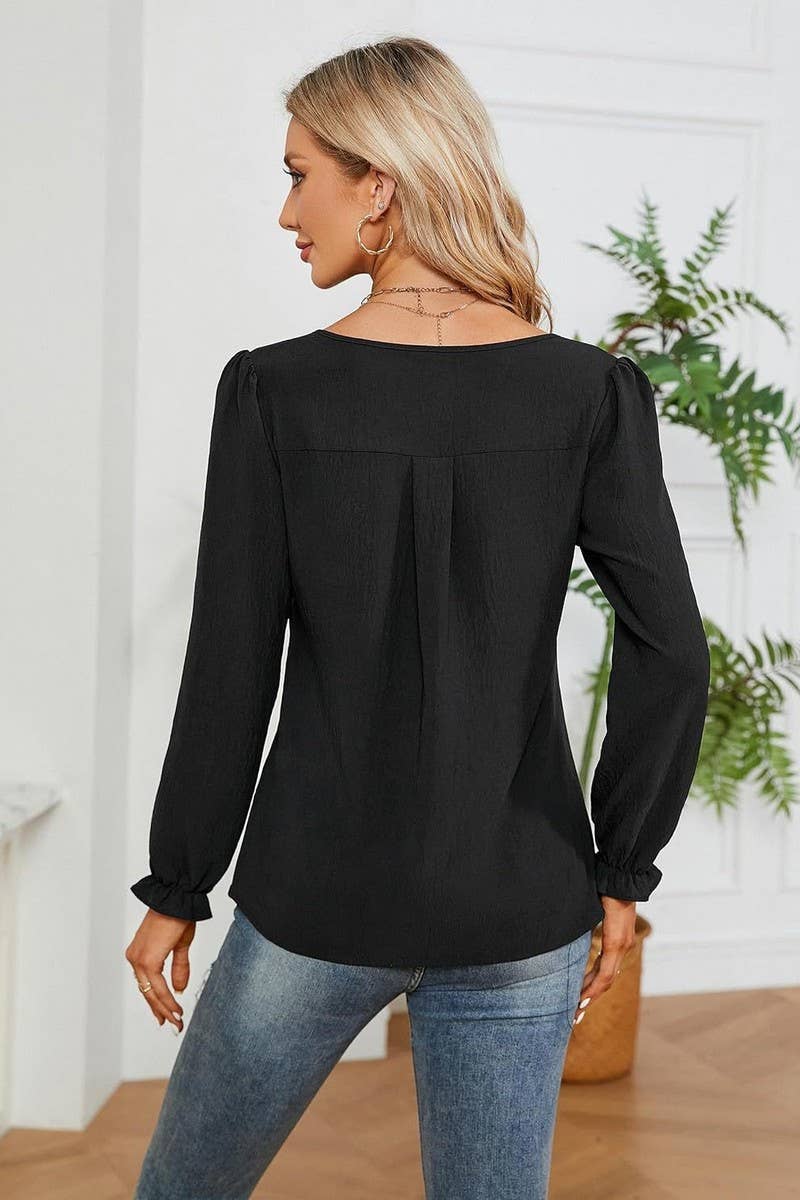 CWTBLL4004_SOLID V-NECK LONG SLEEVE PLEATED CHIFFON BLOUSE