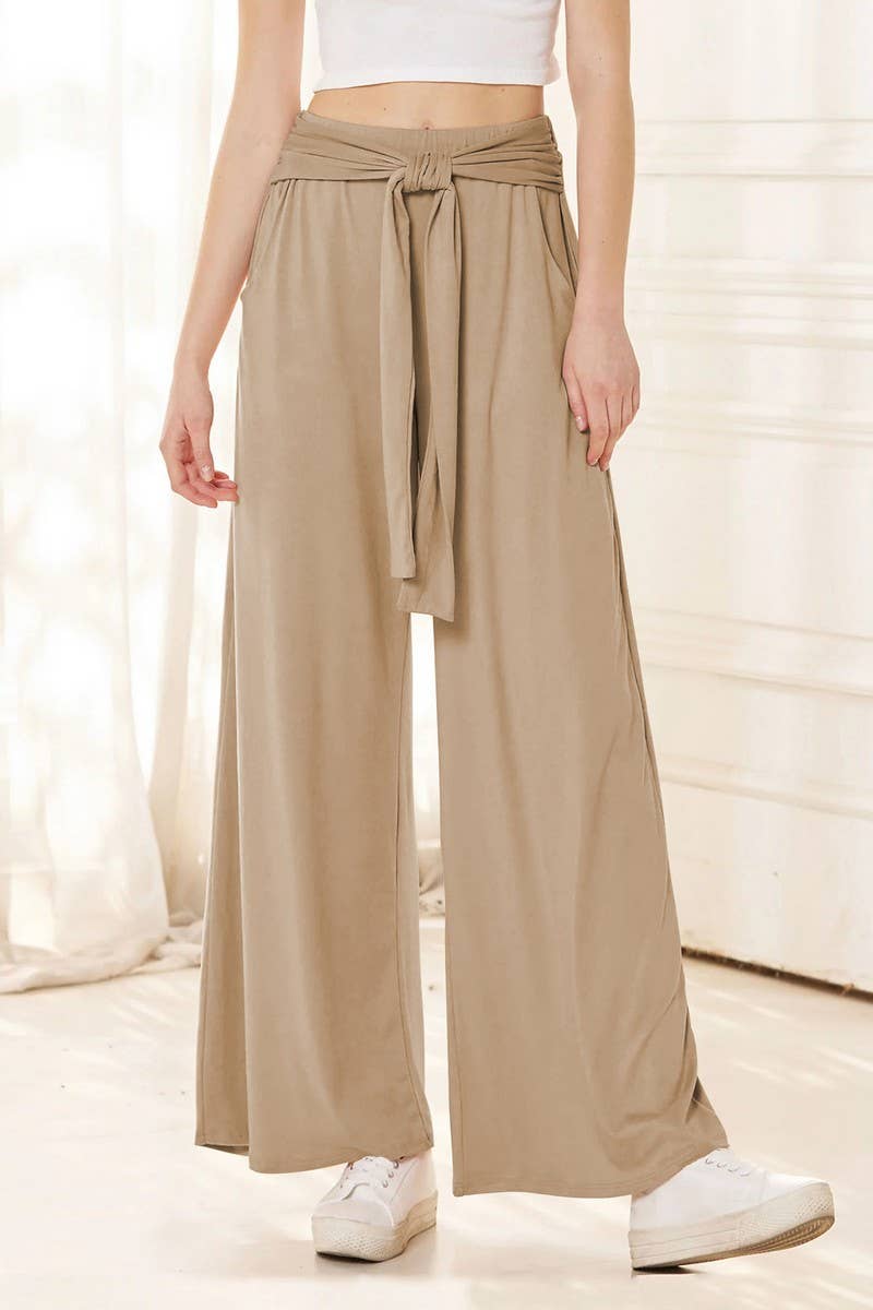 CWBLP1861_SOLID COLOR DRAPE LACE-UP WIDE-LEG PANTS