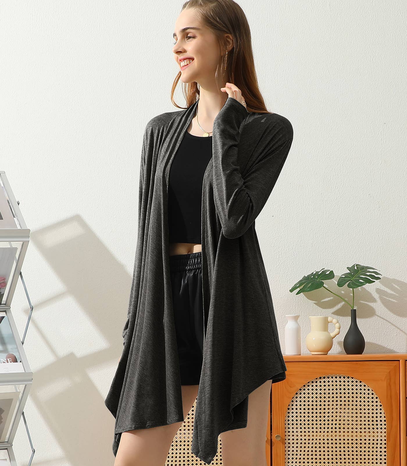 AWTL073_Long Sleeve Casual Open Front Long Cardigan