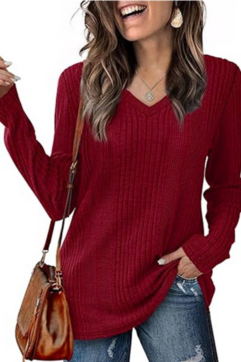 CWOSWL6559_V-NECK SOLID COLOR LONG-SLEEVED KNITTED SWEATER