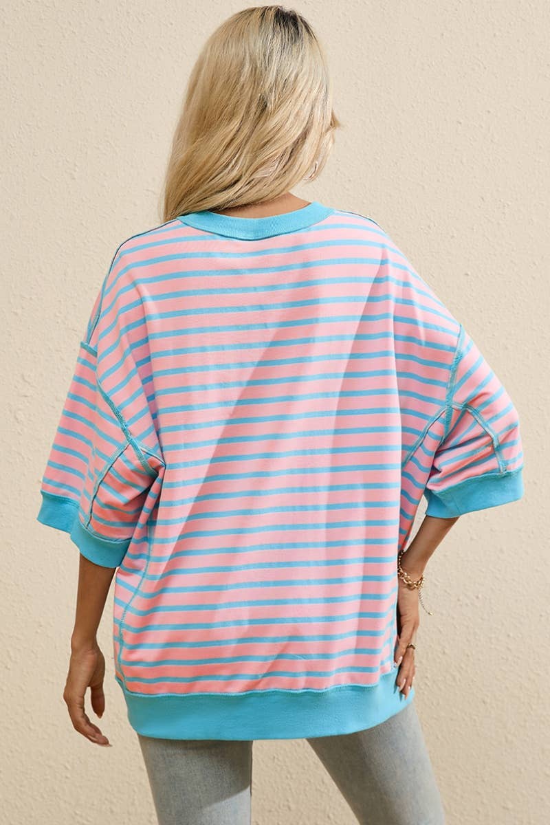 CWTBLS1225_STYLISH STRIPED PATCHWORK FIVE-SLEEVE TOP