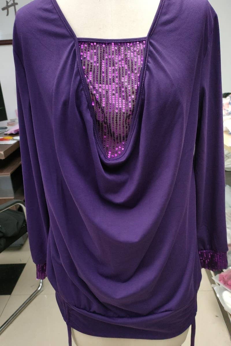 CWTBLL2791_U-NECK SOLID COLOR SEQUINED LONG-SLEEVED TOP