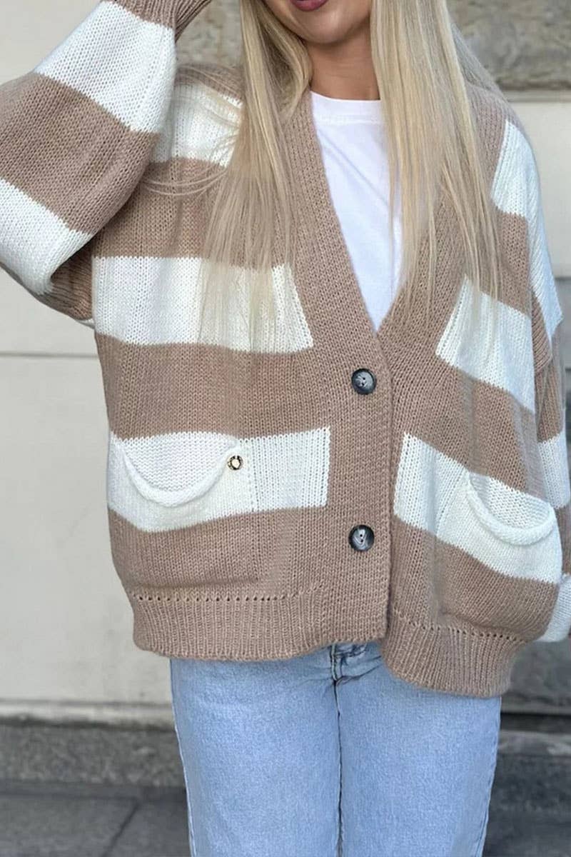 Color contrast striped loose sweater cardigan