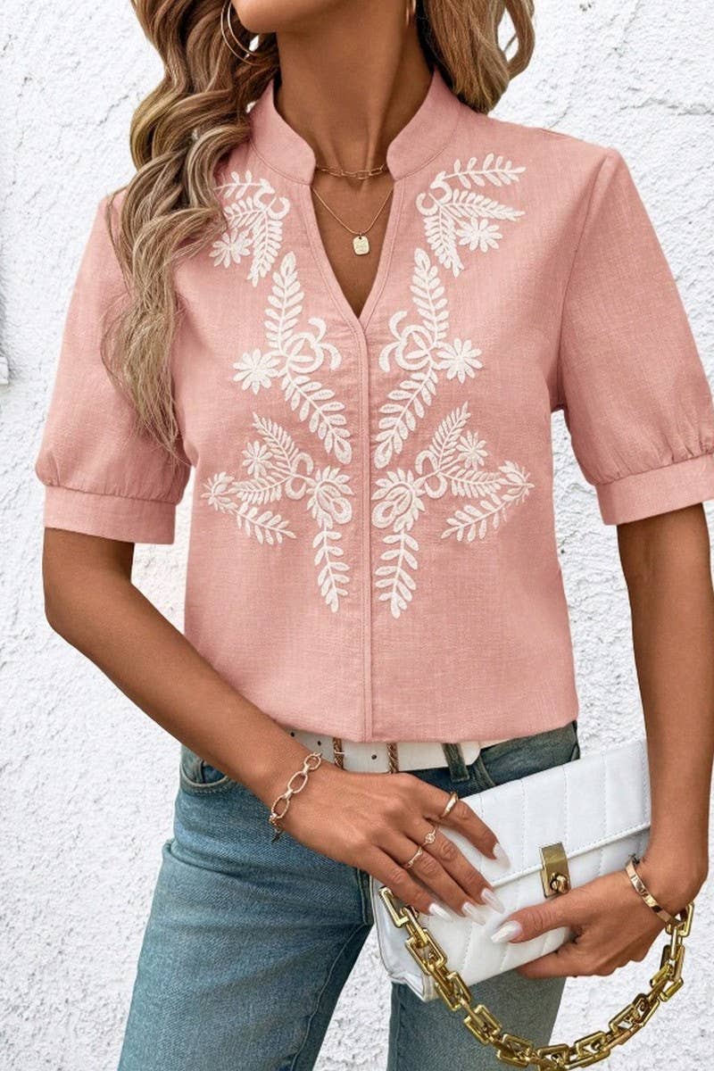 CWTBLS2269_V-NECK COTTON EMBROIDERED SHORT SLEEVE SHIRT