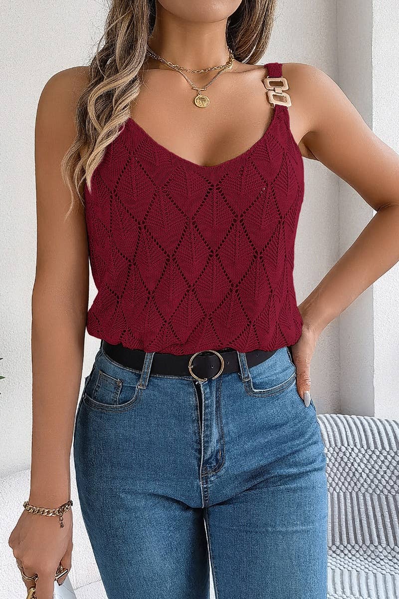 CWOV0285_KNITTED HOLLOWED-OUT METAL BUCKLE HALTER TOP