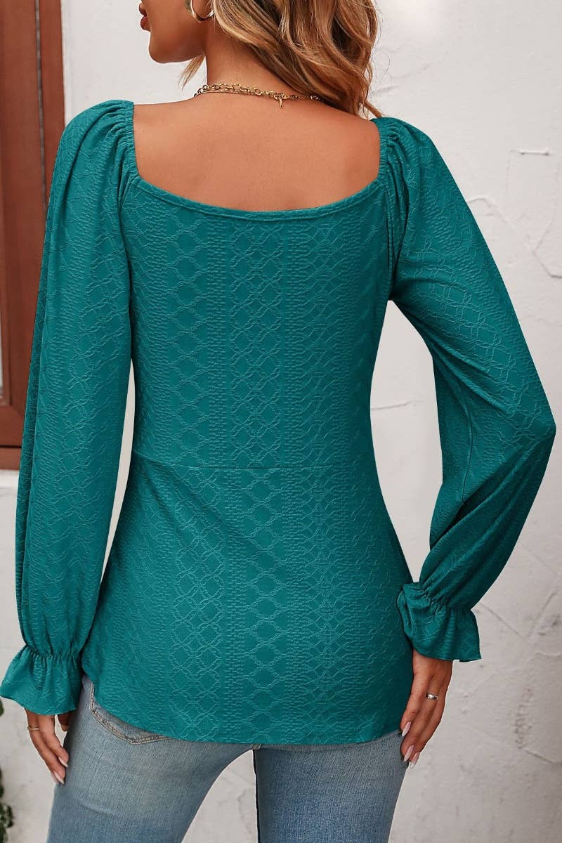 CWTBLL2716_AUTUMN DEEP V DRAWSTRING WAIST LONG SLEEVE TOP