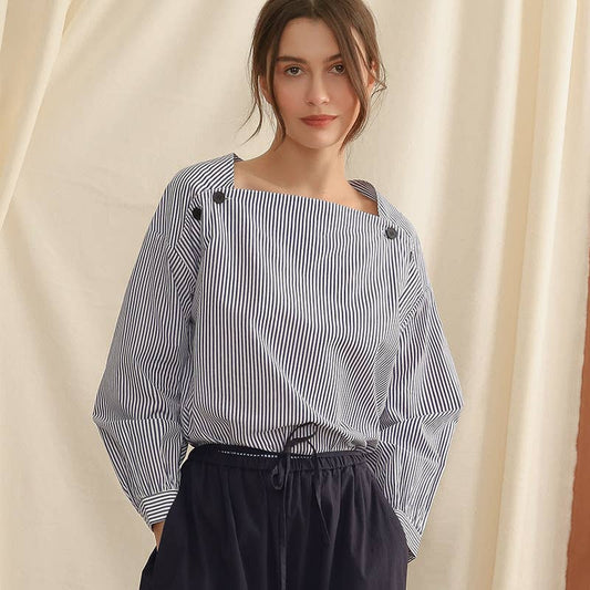 Commuter fold wear stripe long sleeve blouse