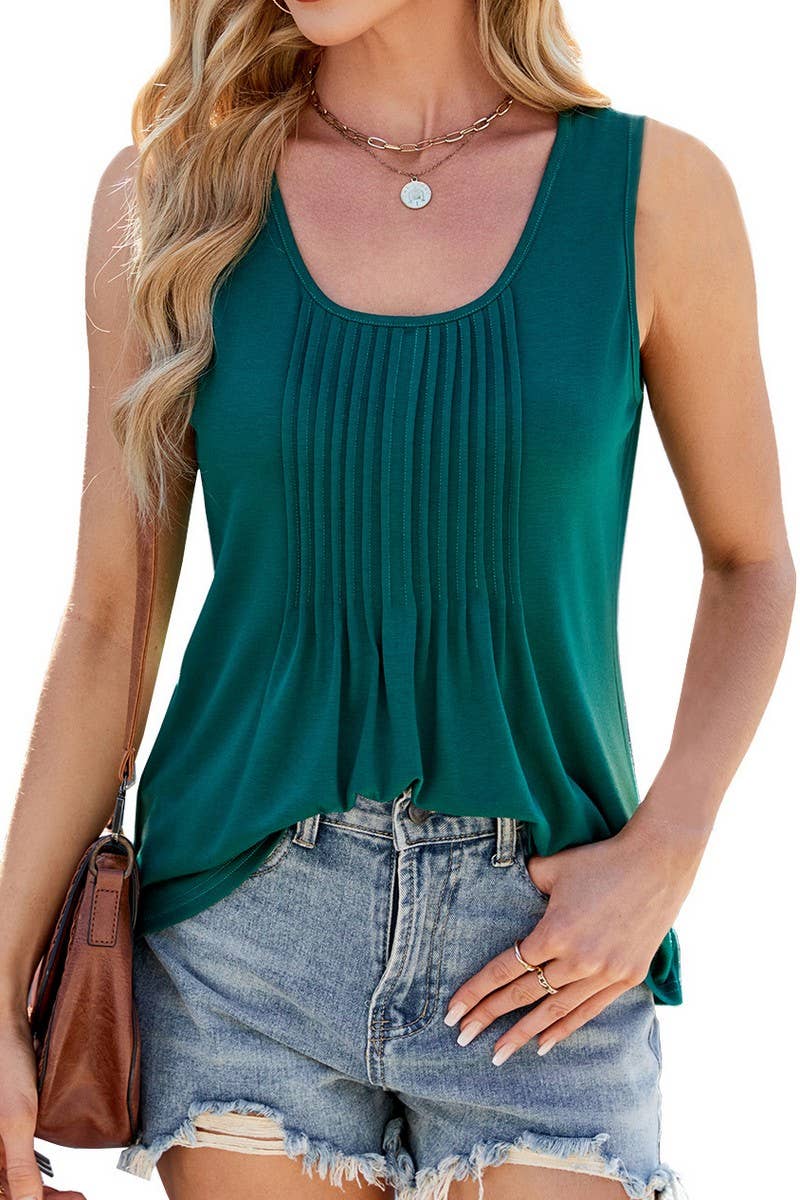 CWTTK1182_SOLID VERTICAL PLEATED CREW NECK LOOSE TANK TOP