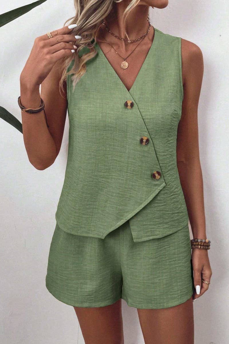 CWSS1088_SOLID COLOR V-NECK IRREGULAR VEST SHORTS SET