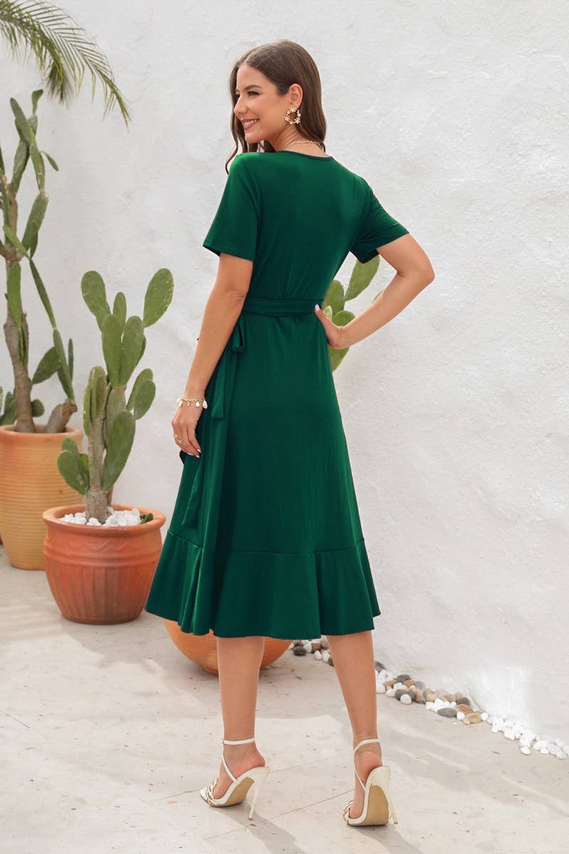 CWDMD2151_SOLID COLOR V-NECK HIGH WAIST BELTED DRESS