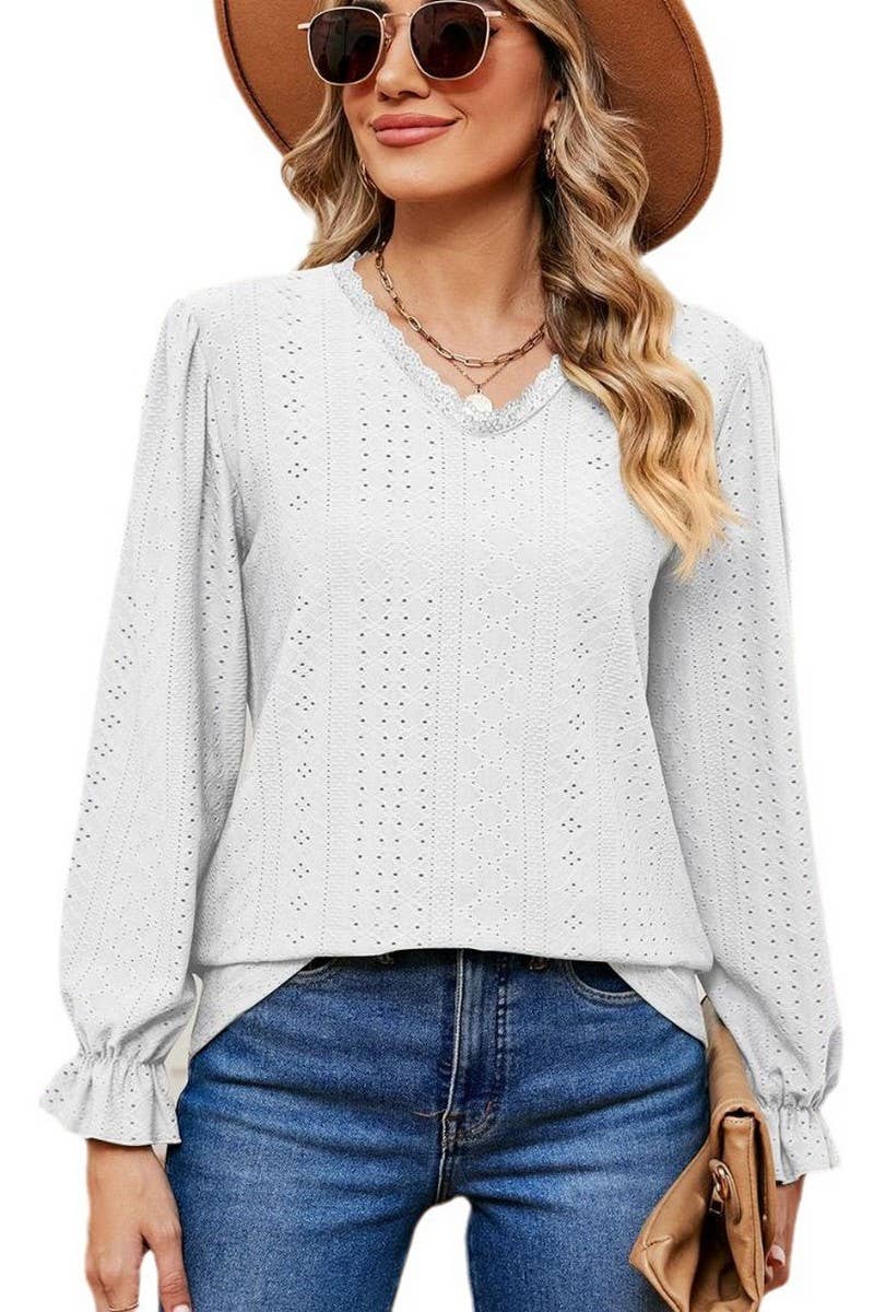 CWTBLL2394_V-NECK LONG-SLEEVED HOLLOW LACE PATCHWORK TOP