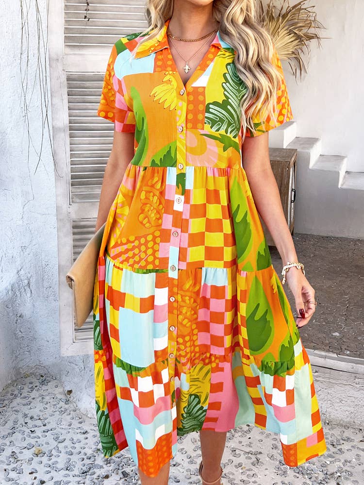 Casual Bohemian high-waisted color contrast dress