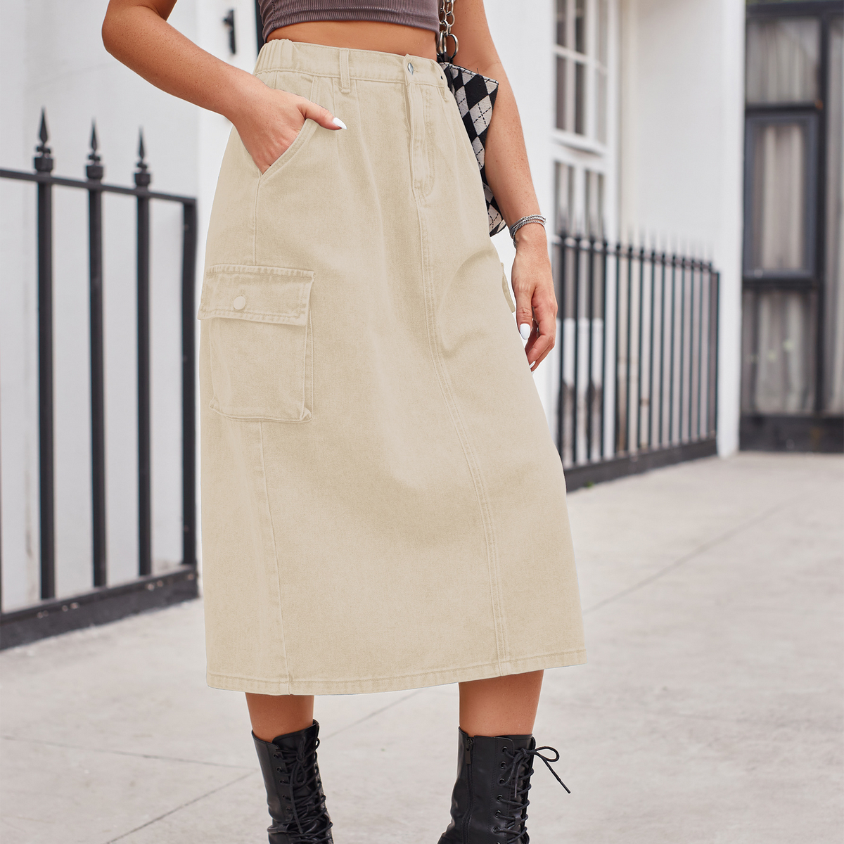 Women?™s Washed Denim Cargo Midi Skirt Slim Fit_CWJSK0198