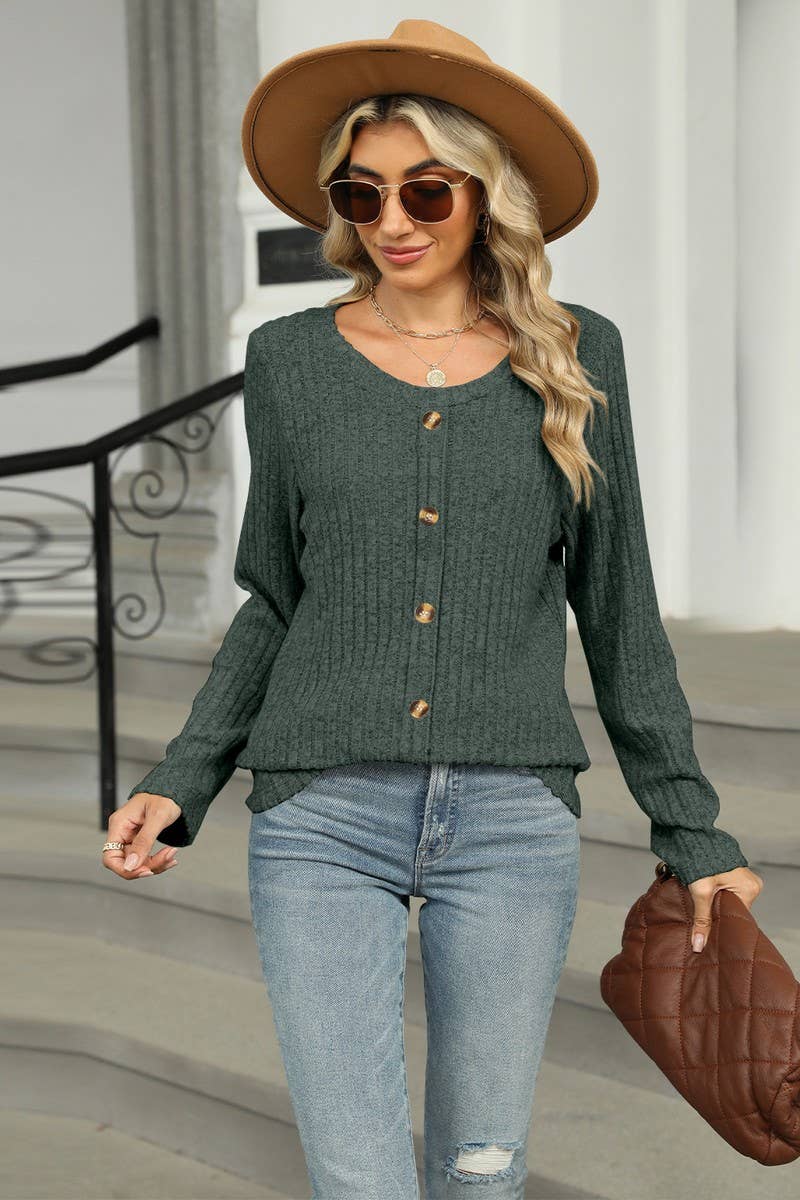 CWOSWL6831_SINGLE-BREASTED ROUND NECK LONG-SLEEVED LOOSE TOP