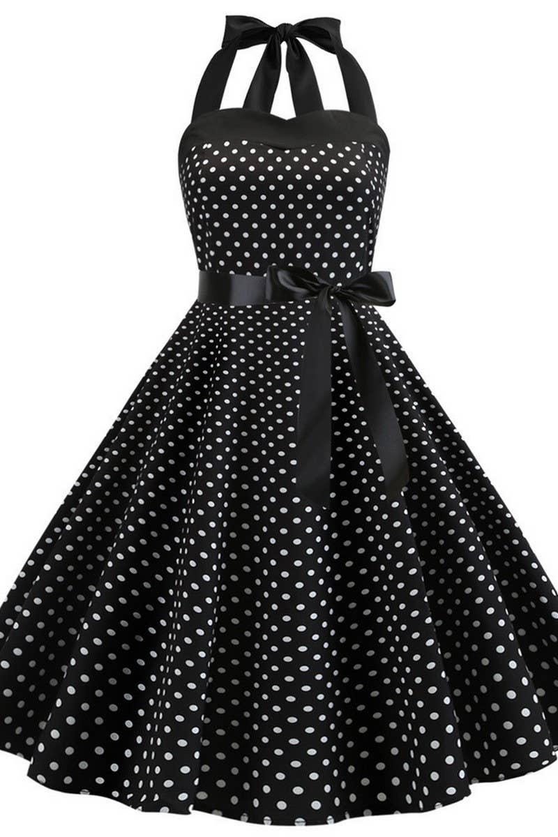 CWDHL01133_POLKA DOT OFF-THE-SHOULDER HALTERNECK DRESS