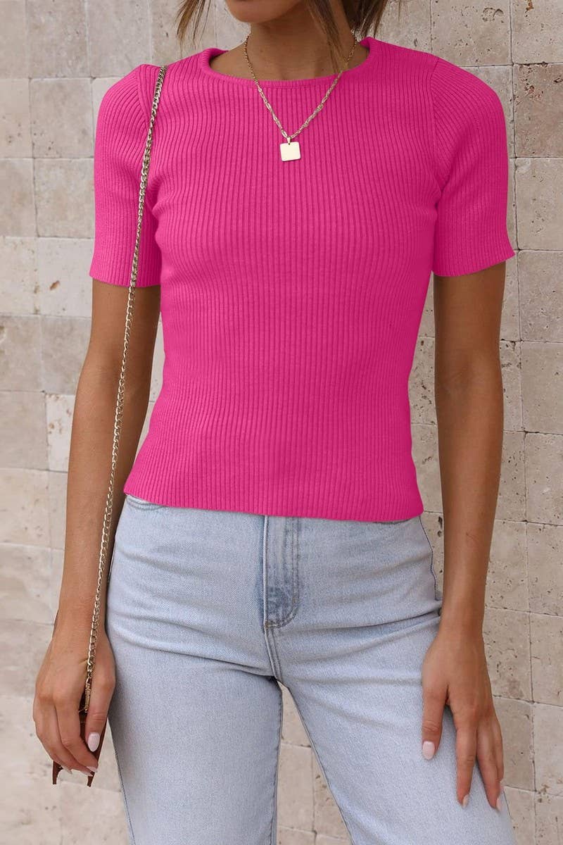 CWTBLS1708_SOLID COLOR ROUND NECK TIGHT KNIT TOP