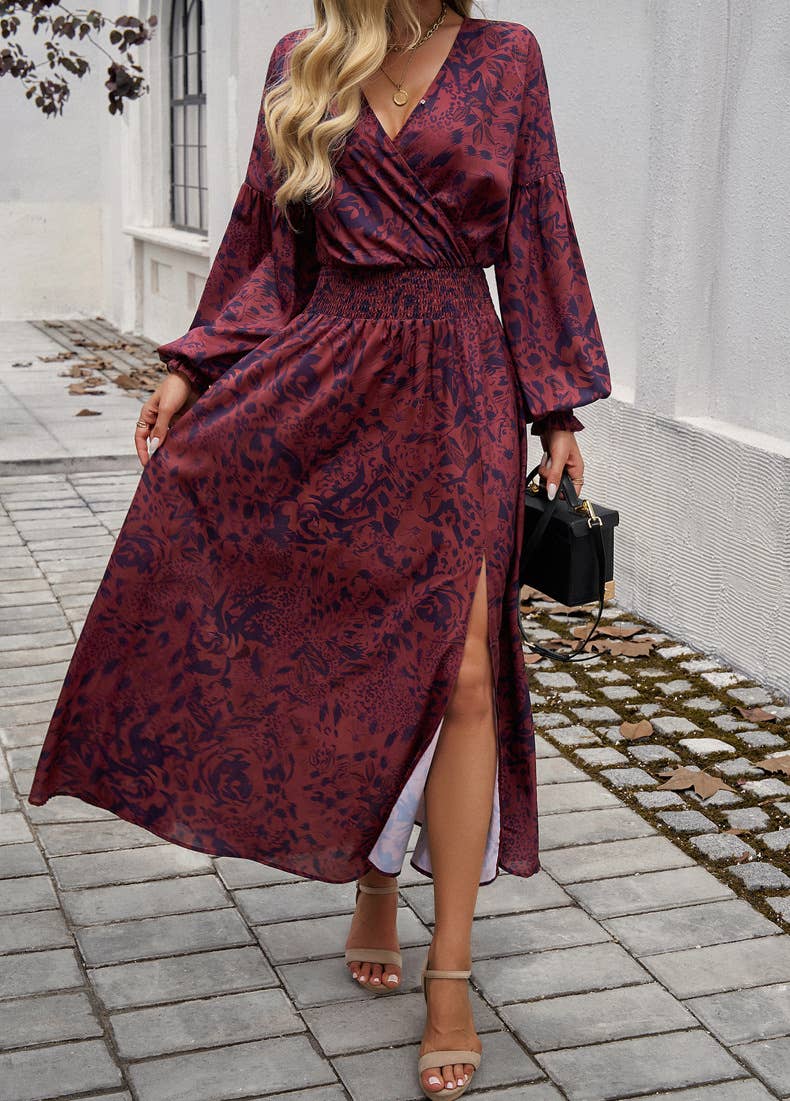 ELEGANT V-NECK HIGH-WAISTED PRINTED DRESS