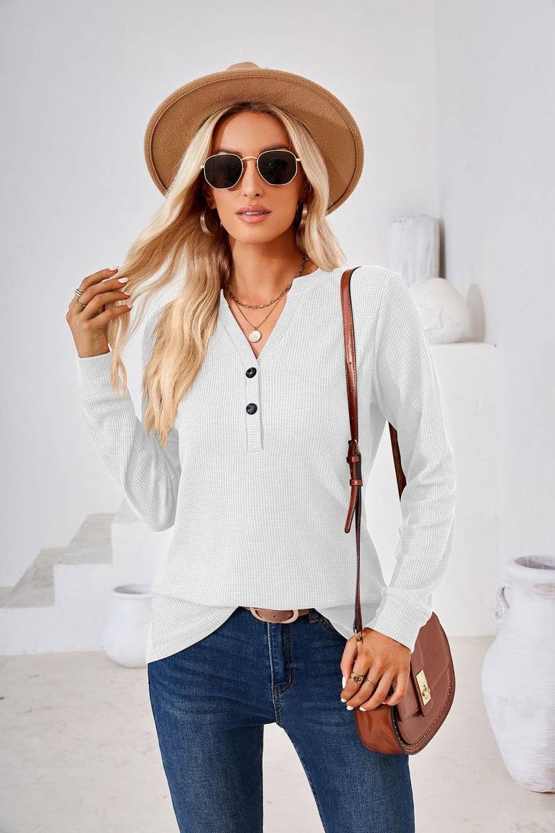 CWTBLL01312_V NECK BUTTON SOLID LONG SLEEVE LOOSE TEE