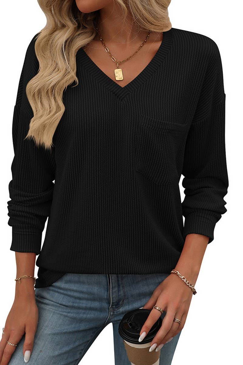 CWTBLL1506_V-NECK COLORBLOCK TWIST LONG-SLEEVED T-SHIRT
