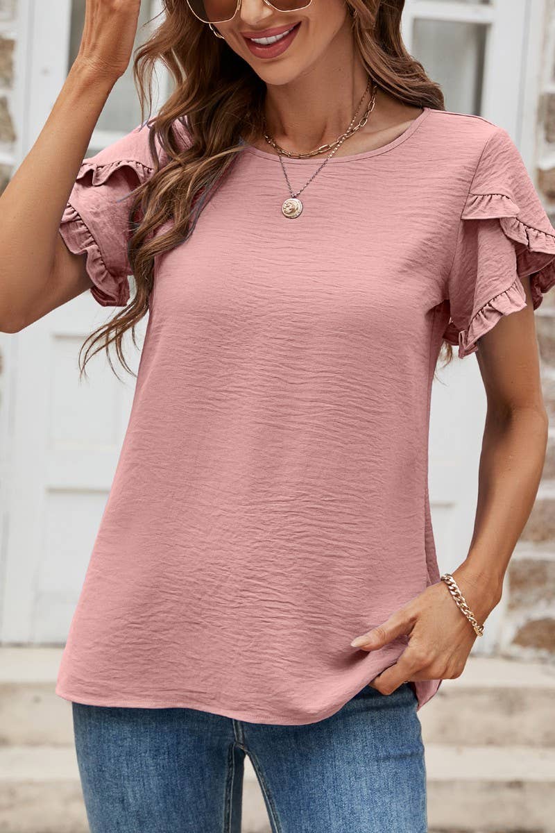 CWTBLS0352_Round neck Short Ruffle Sleeve Blouse