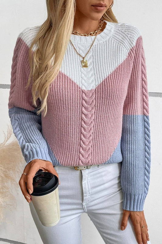 CWOSWL2871_CONTRASTING COLOR CABLE-KNIT SWEATER