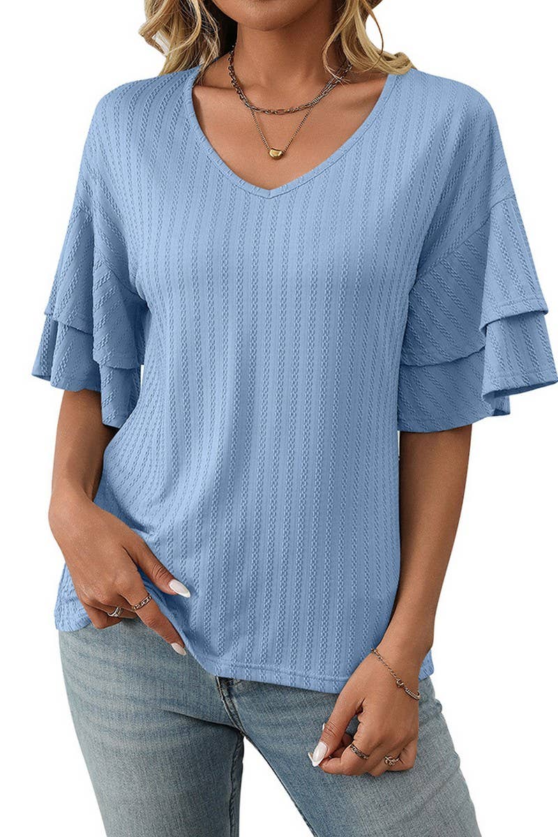 CWTBLS1713_SOLID COLOR V-NECK LOTUS SLEEVE T-SHIRT TOP