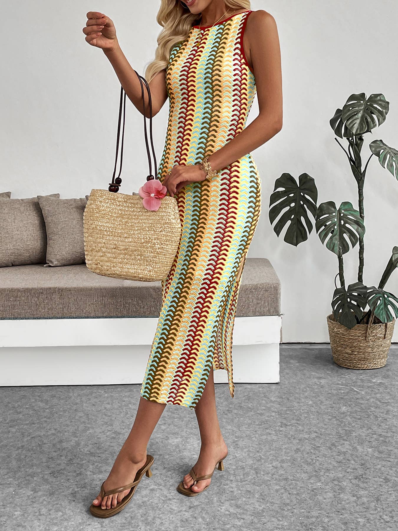 Colorful striped crocheted sleeveless slim dress