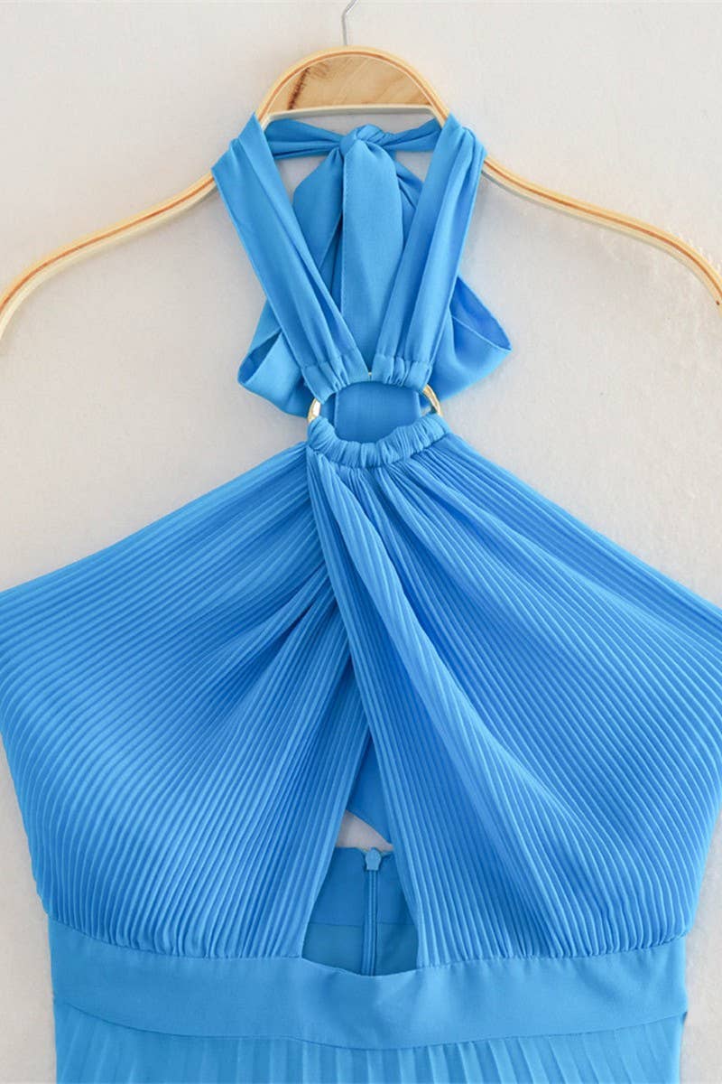 CWDHL0632_SLIM FIT SMALL PLEATED HALTER NECK LONG DRESS