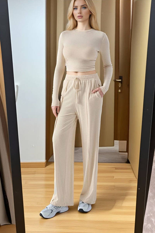 CWSTB00486_Y2K WOMEN 2 PIECE SET DRAWSTRING WIDE LEG PANTS