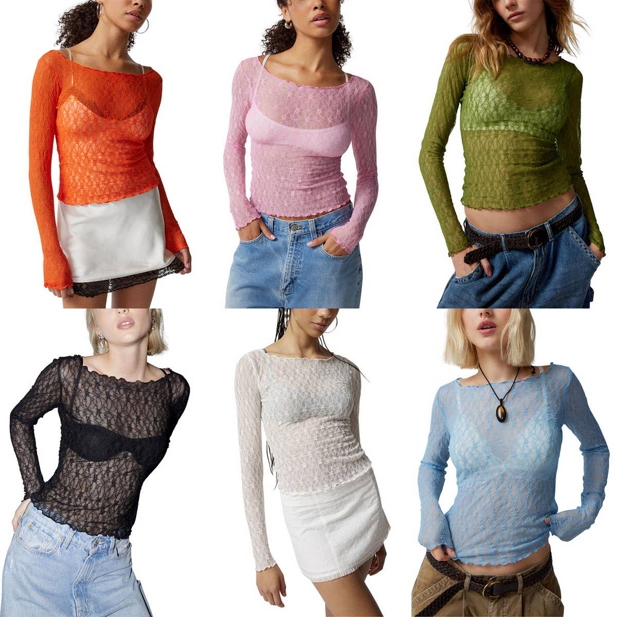 SEMI SHEER MESH LACE T-SHIRT SLIM-FIT CROPPED TOP