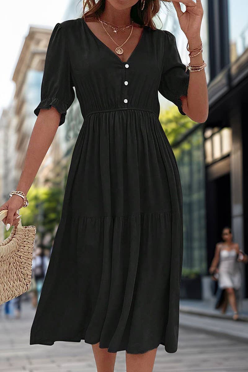 CWDMD2513_WAIST V-NECK SOLID COLOR DRESS