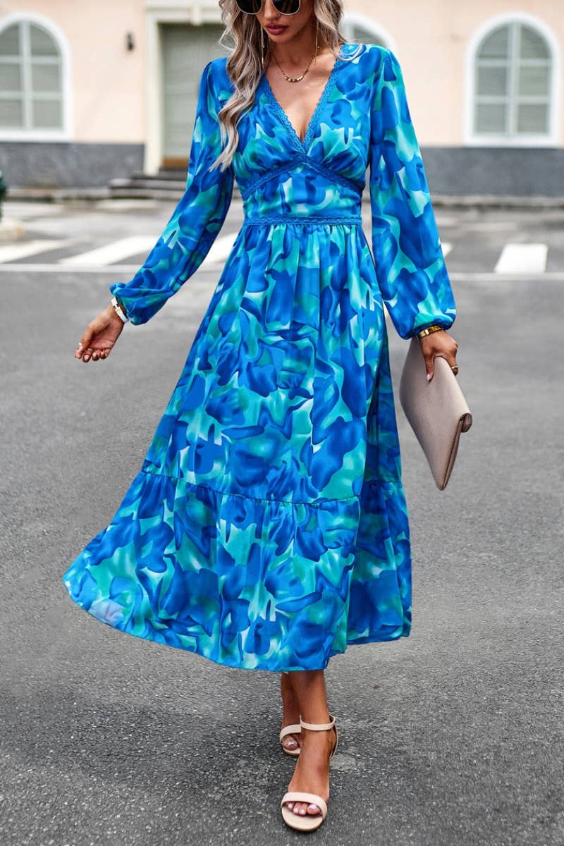 CWDMD3622_AUTUMN CASUAL PRINT V-NECK LONG-SLEEVED DRESS