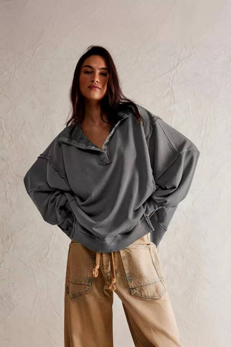 CWTBLL3993_SLIT LANTERN SLEEVE POLO COLLAR SWEATSHIRT