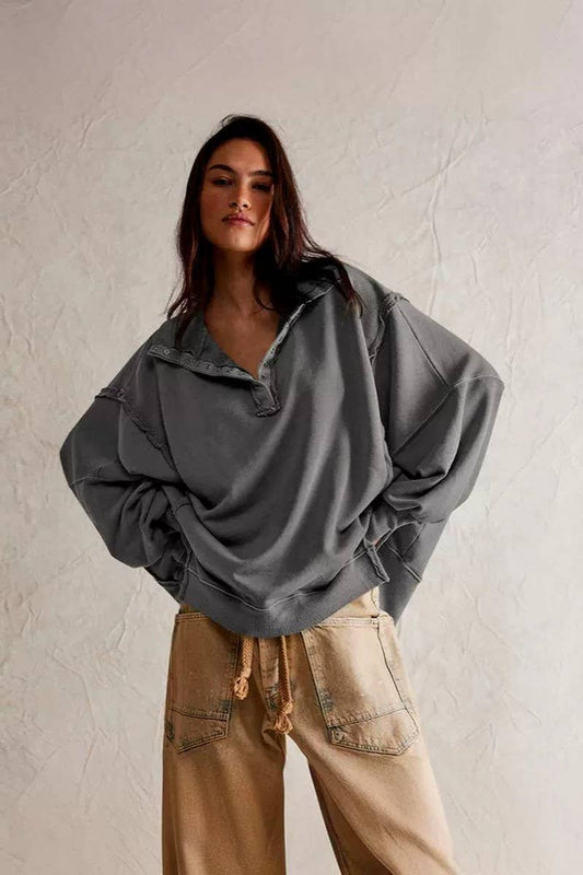 CWTBLL3993_SLIT LANTERN SLEEVE POLO COLLAR SWEATSHIRT