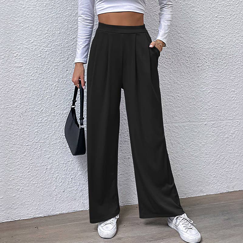 ELASTIC-WAISTED SOLID COLOR SLACKS WITH WIDE LEGS