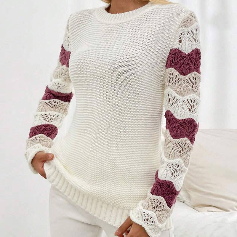 Color-blocking striped hollowed-out sweater