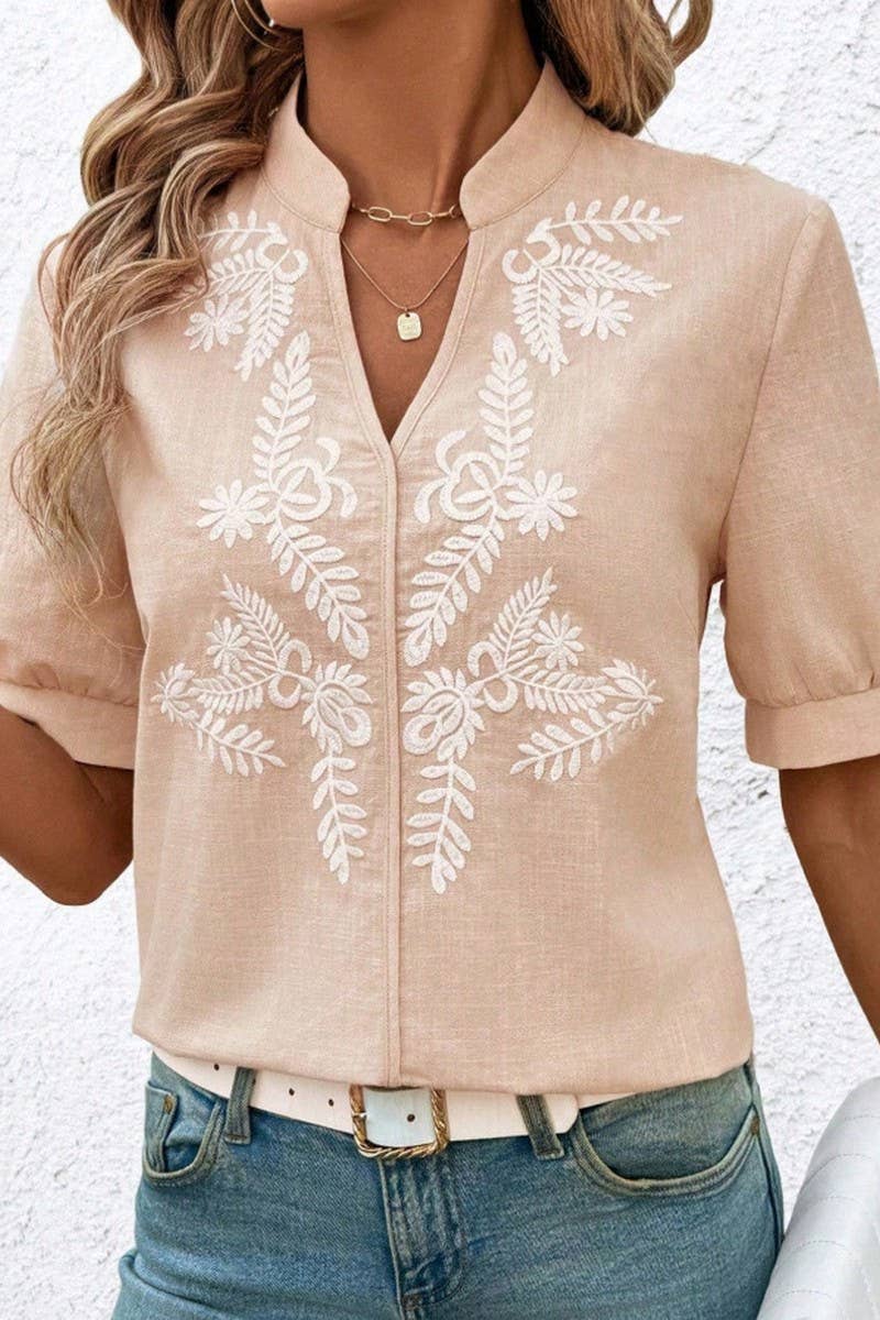 CWTBLS2269_V-NECK COTTON EMBROIDERED SHORT SLEEVE SHIRT