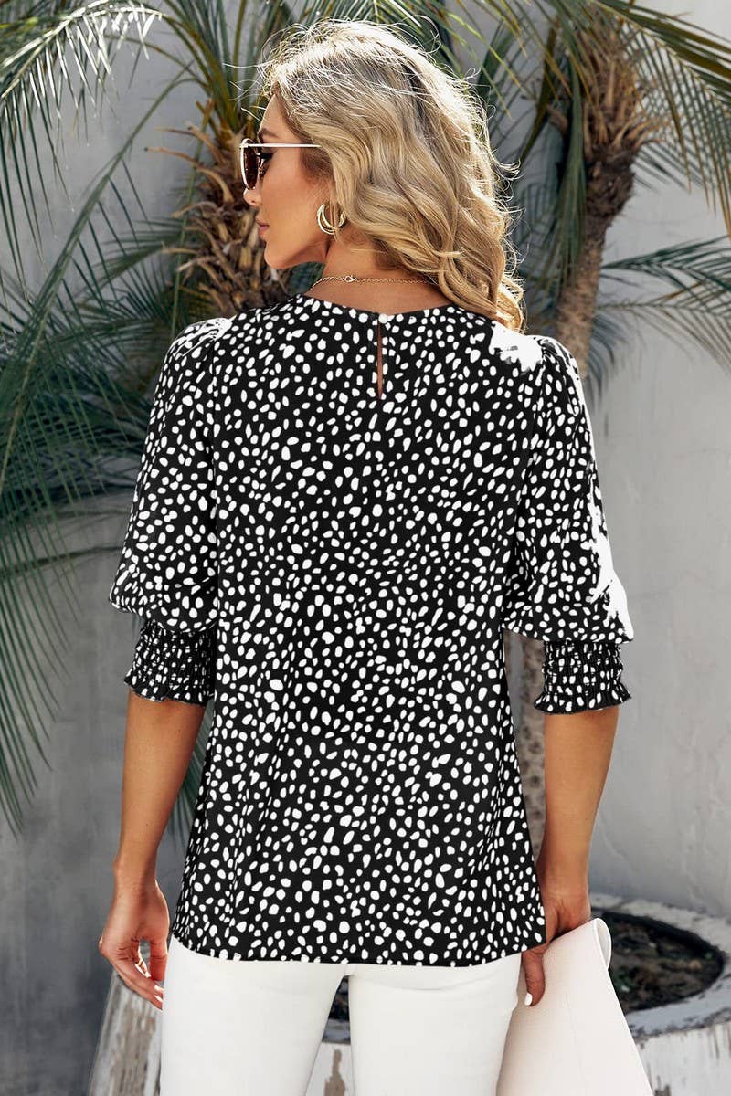 CWTBLS1600_ROUND NECK PRINTED SHORT-SLEEVED CHIFFON SHIRT