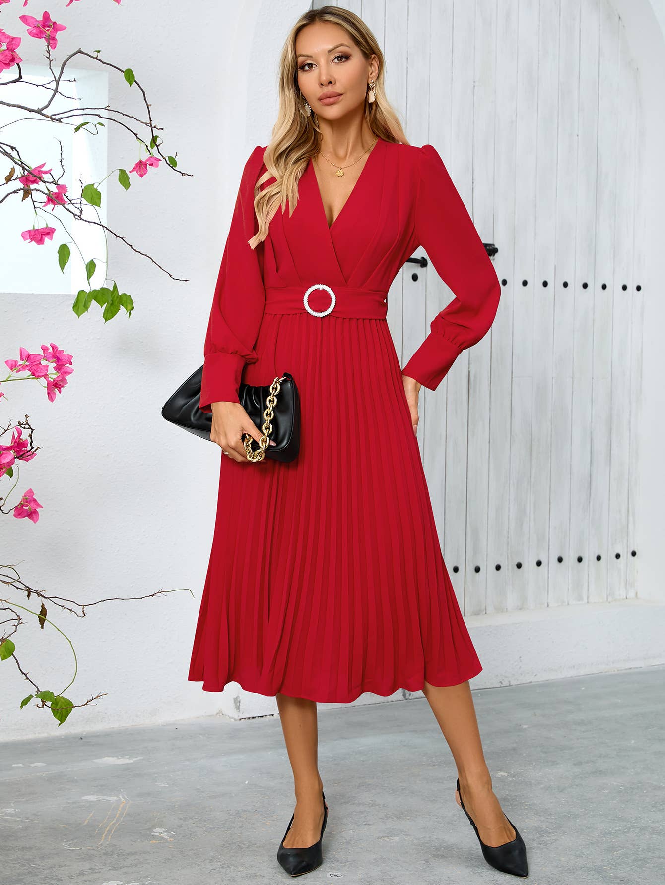 Elegant Pleated V-Neck Long Sleeve Bodycon Dress