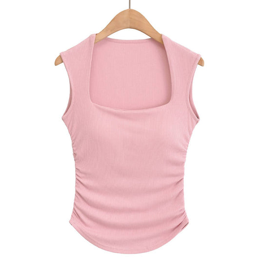 DOUBLE SQUARE NECK TIGHT PLEATED TOP