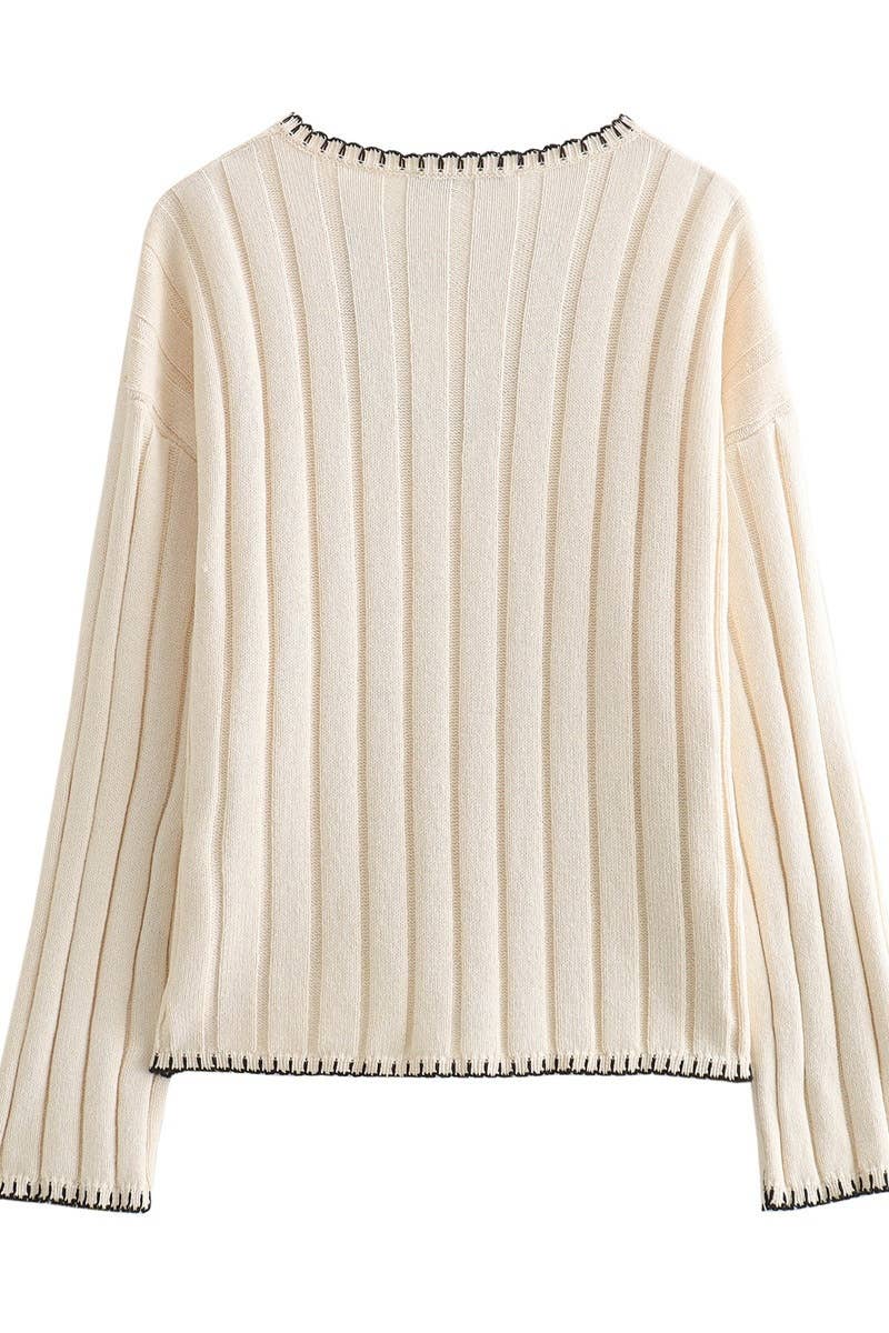 CWOSWL6223_KNITTED V-NECK LONG-SLEEVED POCKET SWEATER